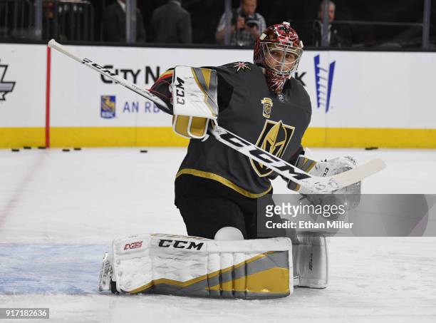 Maxime Lagace of the Vegas Golden Knights warms up before a game against the Philadelphia Flyers at T-Mobile Arena on February 11, 2018 in Las Vegas,...