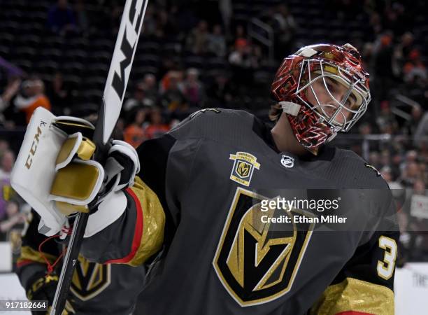 Maxime Lagace of the Vegas Golden Knights warms up before a game against the Philadelphia Flyers at T-Mobile Arena on February 11, 2018 in Las Vegas,...