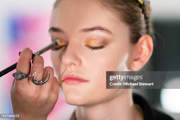 Willow Hand prepares backstage before the Prabal Gurung fashion show during New York Fashion Week at Gallery I at Spring Studios on February 11, 2018...