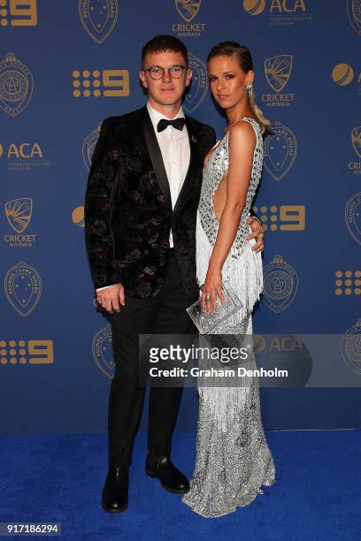 Adam Zampa and Harriet Palmer arrive at the 2018 Allan Border Medal at Crown Palladium on February 12, 2018 in Melbourne, Australia.