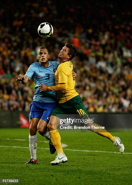 John Heitinga of the Netherlands competes with Harry Kewell of Australia during the international friendly match between Australia and the...