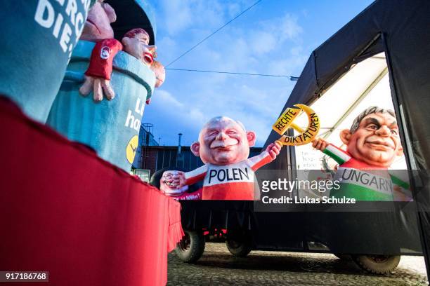 Float featuring Prime Minister of Hungary Viktor Orban and leader of Poland, Jaroslaw Kaczynski , is seen prior to the annual Rose Monday parade on...