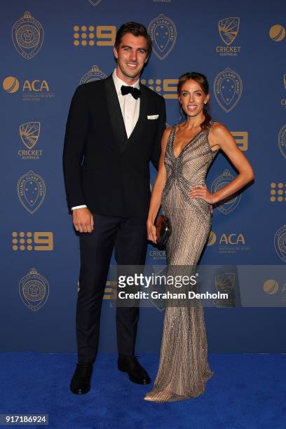 Patrick Cummins and Rebecca Boston arrive at the 2018 Allan Border Medal at Crown Palladium on February 12, 2018 in Melbourne, Australia.