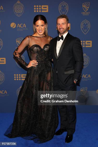 Matthew Wade and Julia Wade arrive at the 2018 Allan Border Medal at Crown Palladium on February 12, 2018 in Melbourne, Australia.