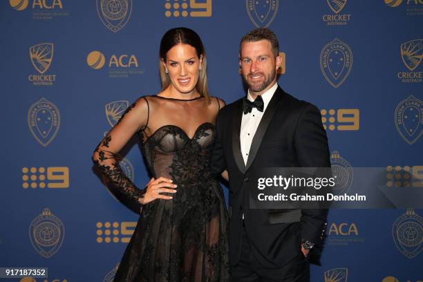 Matthew Wade and Julia Wade arrive at the 2018 Allan Border Medal at Crown Palladium on February 12, 2018 in Melbourne, Australia.