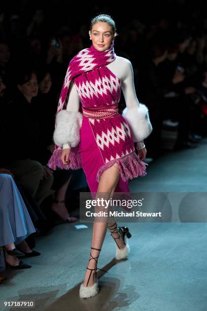 Gigi Hadid walks the runway during the Prabal Gurung fashion show during New York Fashion Week at Gallery I at Spring Studios on February 11, 2018 in...