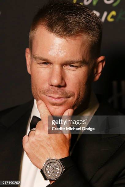 David Warner poses with his Hublot watch at the 2018 Allan Border Medal at Crown Palladium on February 12, 2018 in Melbourne, Australia.