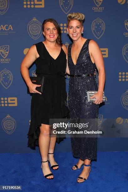 Elyse Villani and Lauren Morecroft arrive at the 2018 Allan Border Medal at Crown Palladium on February 12, 2018 in Melbourne, Australia.