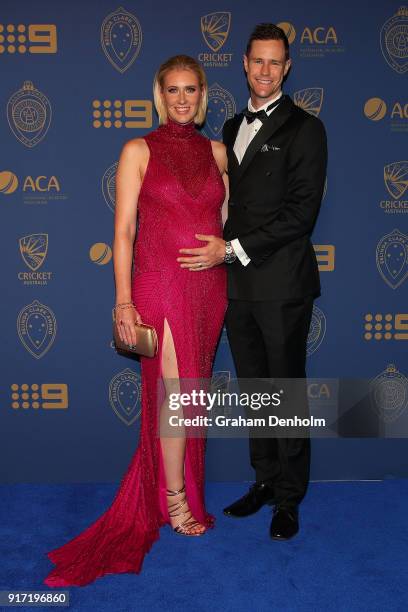 Jason Behrendorff and Juvelle Behrendorff arrive at the 2018 Allan Border Medal at Crown Palladium on February 12, 2018 in Melbourne, Australia.