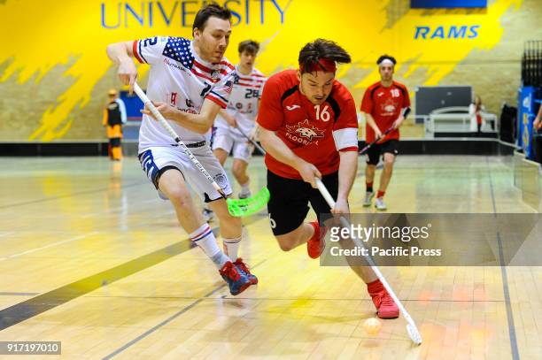 Mori Raphael and Smith Matthew in action during the USA vs Canada floorball national team match of North American World Championship Qualifier at...
