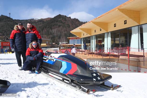 Olympians Christopher Fogt, Carlo Valdes and Nathan Weber pose for a photo outside of the USA House at the PyeongChang 2018 Winter Olympic Games on...