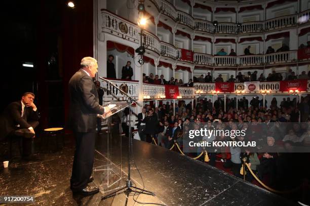 Pietro Grasso, President of Liberi e Uguali, leftist party, attends a meeting in Sannazzaro Theatre during the Italian General Elections campaign.