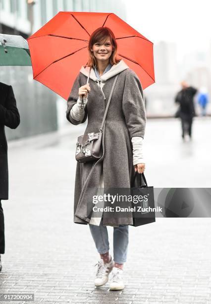 Model Irina Kravchenko is seen outside the Tibi show during New York Fashion Week: Women's A/W 2018 on February 11, 2018 in New York City.