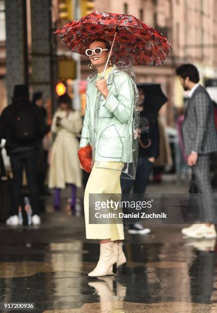 Guest is seen wearing a clear rain coat outside the Tibi show during New York Fashion Week: Women's A/W 2018 on February 11, 2018 in New York City.