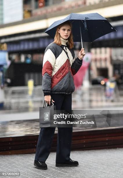 Model is seen outside the Tibi show during New York Fashion Week: Women's A/W 2018 on February 11, 2018 in New York City.