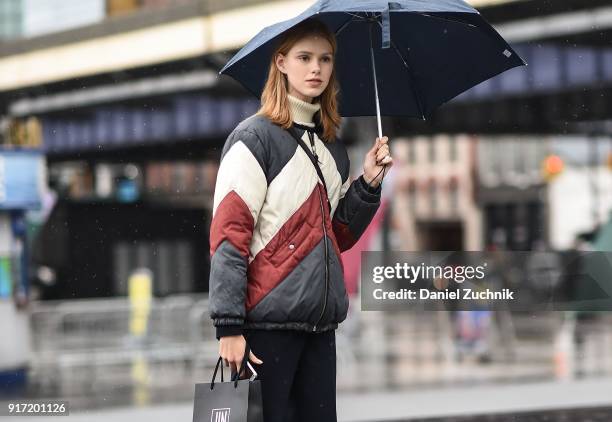 Model is seen outside the Tibi show during New York Fashion Week: Women's A/W 2018 on February 11, 2018 in New York City.