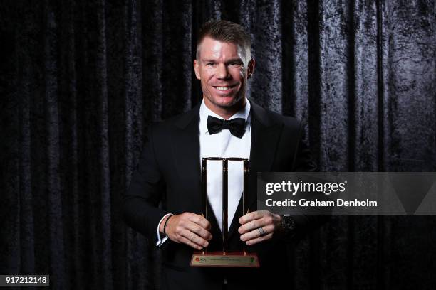 David Warner poses with the award for ODI Player of the Year during the 2018 Allan Border Medal at Crown Palladium on February 12, 2018 in Melbourne,...