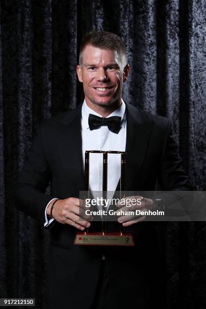 David Warner poses with the award for ODI Player of the Year during the 2018 Allan Border Medal at Crown Palladium on February 12, 2018 in Melbourne,...
