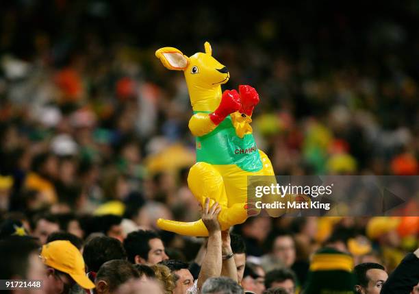 Boxing kangaroo is held in the crowd during the International friendly football match between Australia and the Netherlands at Sydney Football...