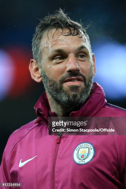 Man City coach goalkeeping Richard Wright looks on during the Premier League match between Manchester City and Leicester City at the Etihad Stadium...