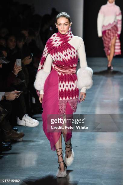 Gigi Hadid walks the runway during the Prabal Gurung fashion show during New York Fashion Week at Gallery I at Spring Studios on February 11, 2018 in...