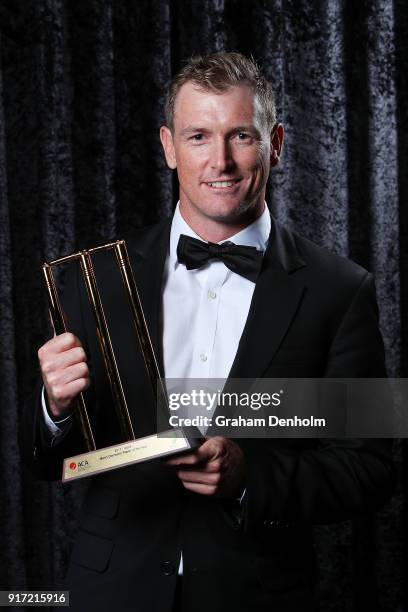 George Bailey poses with the award for Men's Domestic Player of the Year during the 2018 Allan Border Medal at Crown Palladium on February 12, 2018...