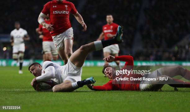 Jonny May of England scores his first try during the NatWest Six Nations match between England and Wales at Twickenham Stadium on February 10, 2018...