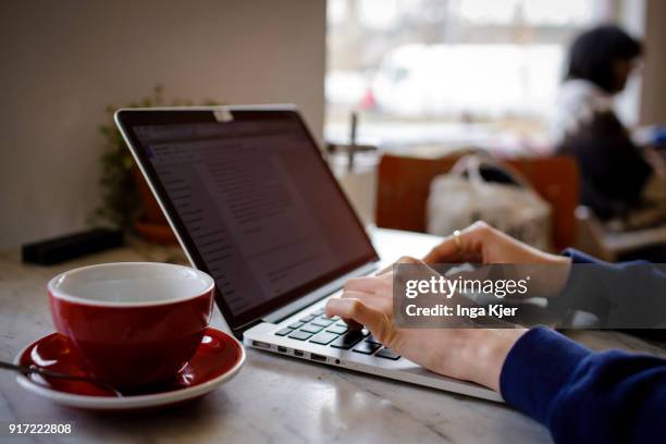 Young woman works on her laptop in a cafe, on February 09, 2018 in Berlin, Germany.