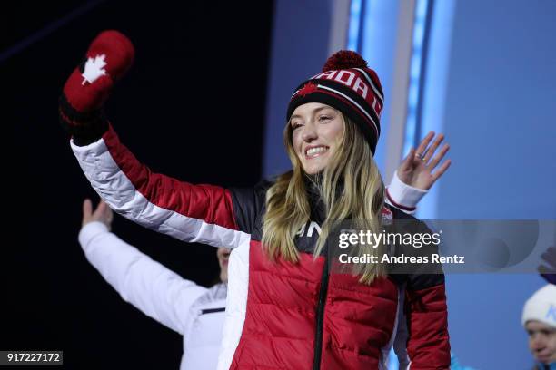 Silver medalist Justine Dufour-Lapointe of Canada waves during the medal ceremony for Freestyle Skiing Ladies' Moguls at Medal Plaza on February 12,...