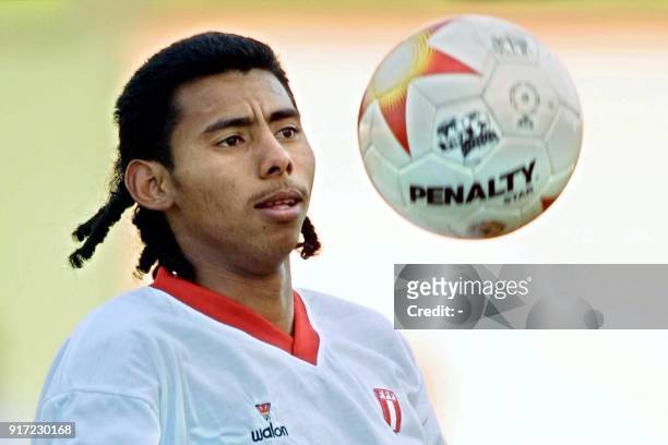Peruvian forward Abel Lobaton controls the ball during team practice at the Municipal Stadium of Palmira, 25 km outside of Cali, Colombia. Peru lost...