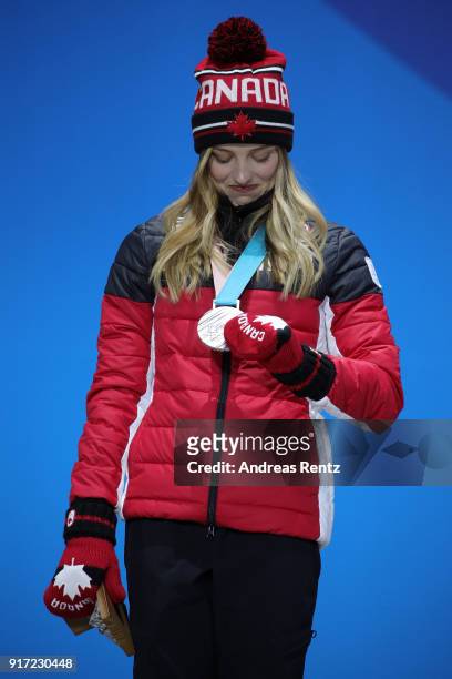 Silver medalist Justine Dufour-Lapointe of Canada poses during the medal ceremony for Freestyle Skiing Ladies' Moguls at Medal Plaza on February 12,...