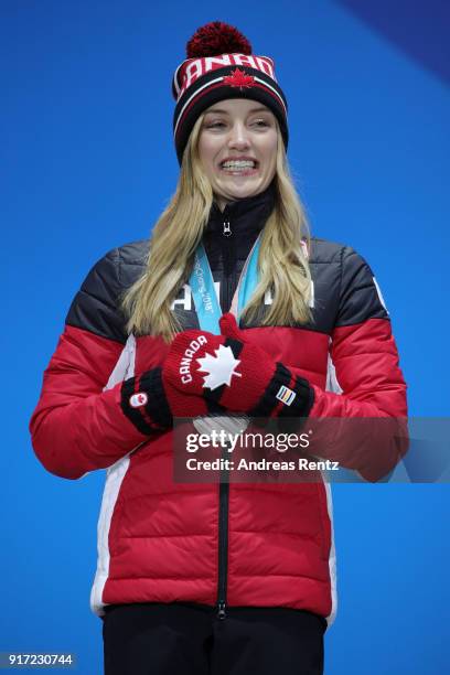 Silver medalist Justine Dufour-Lapointe of Canada poses during the medal ceremony for Freestyle Skiing Ladies' Moguls at Medal Plaza on February 12,...