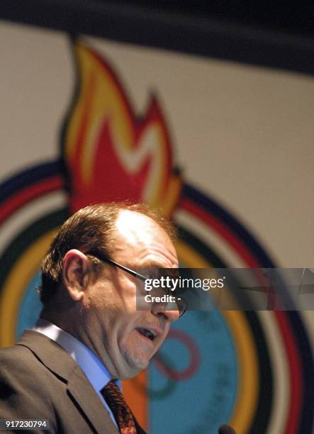 Cesar Mai, the mayor of Rio de Janeiro, speeks before the Assembly of the Organization of Panamerican Sports, which is taking place in a hotel in...