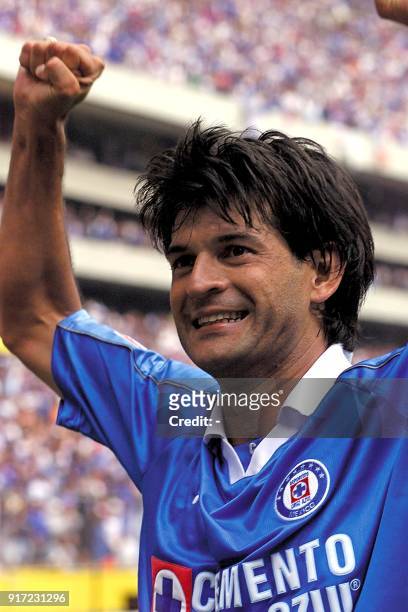 Jose Cardozo of the Mexican team Cruz Azul celebrates his first goal in a match of the Copa Libertadores de America tournament, 07 June 2001 in...