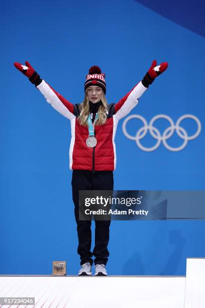 Silver medalist Justine Dufour-Lapointe of Canada poses during the medal ceremony for Freestyle Skiing Ladies' Moguls at Medal Plaza on February 12,...