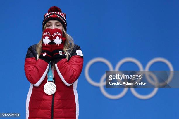 Silver medalist Justine Dufour-Lapointe of Canada reacts during the medal ceremony for Freestyle Skiing Ladies' Moguls at Medal Plaza on February 12,...