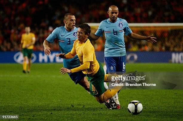 Harry Kewell of Australia competes with the Netherlands defence during the international friendly match between Australia and the Netherlands at...