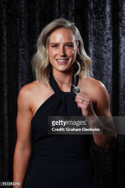 Ellyse Perry poses with the Belinda Clark Award during the 2018 Allan Border Medal at Crown Palladium on February 12, 2018 in Melbourne, Australia.