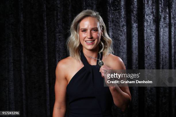 Ellyse Perry poses with the Belinda Clark Award during the 2018 Allan Border Medal at Crown Palladium on February 12, 2018 in Melbourne, Australia.