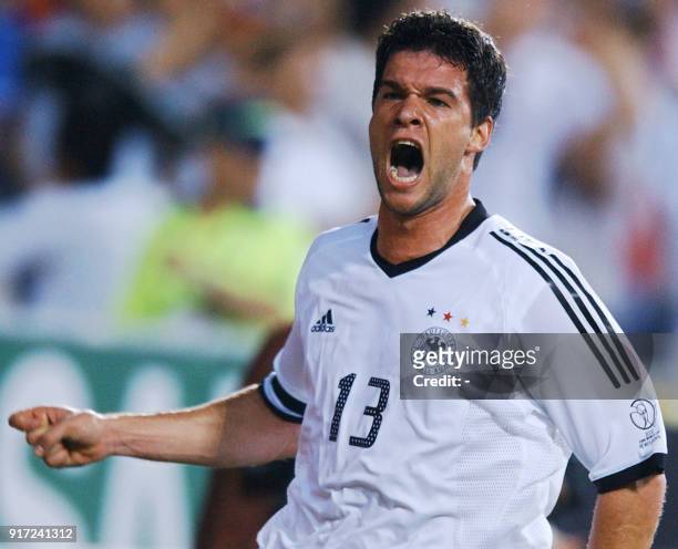 Germany's Michael Ballack celebrates his 39th minute goal, 21 June 2002 at the Munsu Football Stadium in Ulsan, during quarter-final action between...