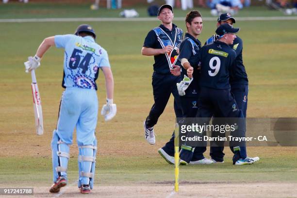 Damon Egan of Victoria celebrates taking the wicket of Nathan Price of N.S.W. In the mens final during the 2018 Cricket Australia via Getty Images...