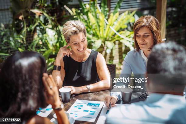 female boss making hard decisions - business meeting outside stock pictures, royalty-free photos & images