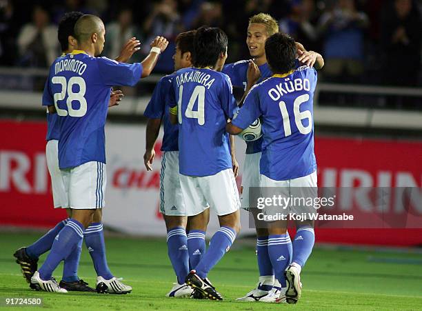 Keisuke Honda of Japan and Japan Teammate celebrate the second goal during Kirin Challenge Cup 2009 match between Japan and Scotland at Nissan...