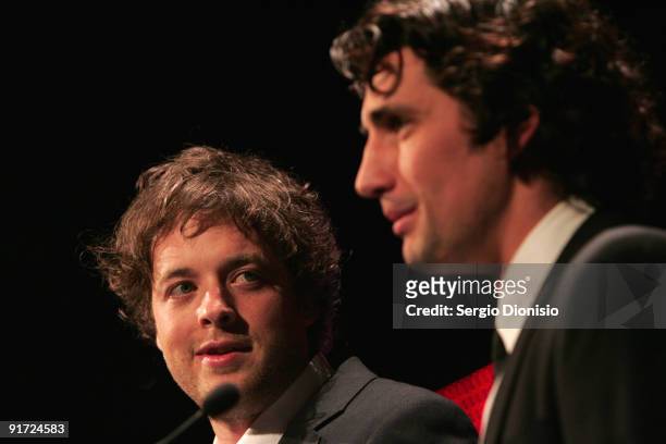 Radio and television personalities Hamish Blake and Andy Lee receive the award for 'Best On-Air Team' at the Australian Commercial Radio Awards 2009...