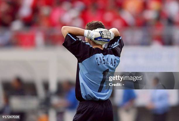 Spanish goalkeeper Iker Casillas looks dejected after losing the quarter-final match against South Korea at the 2002 FIFA World Cup Korea/Japan in...