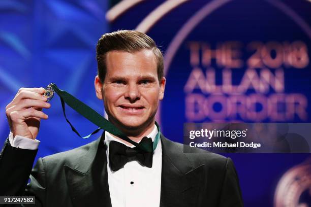 Steve Smith poses after he wins the Alan Border Medal at the 2018 Allan Border Medal at Crown Palladium on February 12, 2018 in Melbourne, Australia.