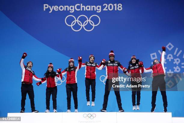 Gold medalists Team Canada celebrate during the medal ceremony after the Figure Skating Team Event at Medal Plaza on February 12, 2018 in...