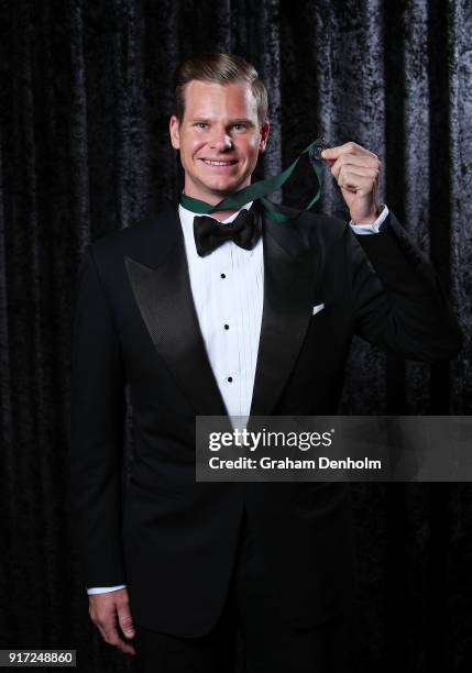 Steve Smith poses after winning the Allan Border Medal during the 2018 Allan Border Medal at Crown Palladium on February 12, 2018 in Melbourne,...