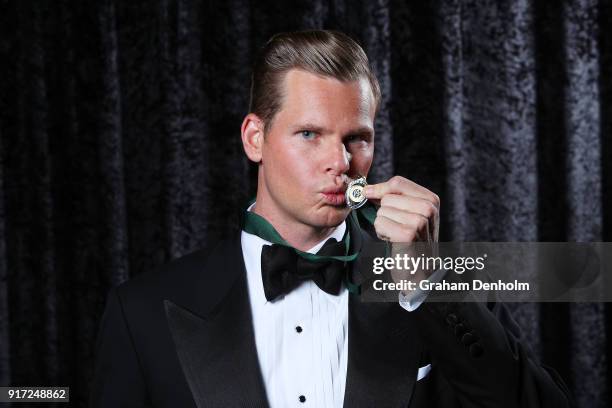 Steve Smith poses after winning the Allan Border Medal during the 2018 Allan Border Medal at Crown Palladium on February 12, 2018 in Melbourne,...