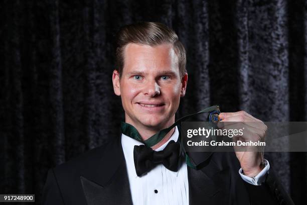 Steve Smith poses after winning the Allan Border Medal during the 2018 Allan Border Medal at Crown Palladium on February 12, 2018 in Melbourne,...
